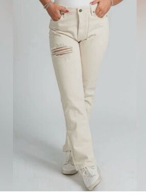 Hidden Jeans Straight Leg Button Fly Distressed Jeans (Cream/Ecru)